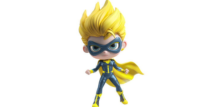 Cartoon boy superhero with blonde hair and blue mask in heroic pose Concept of childhood, imagination, and fantasy