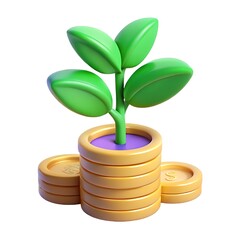 Green sprout growing from stacked coins plant leaves