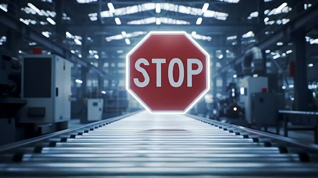 Stop Sign on Conveyor Belt In Brightly Lit Modern Factory Interior with Automated Machinery and Industrial Equipment