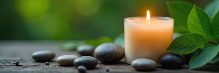 Luxury spa candle burning gently, emitting a calming aroma, surrounded by soothing stones and fresh green leaves Perfect for wellness, relaxation, and self-care imagery , plant, natural