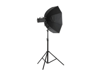 Professional studio lighting equipment featuring a large light modifier on a sturdy stand.