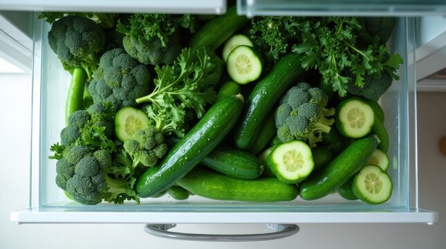 Top-down view of a refrigerator crisper drawer full of fresh green vegetables.
