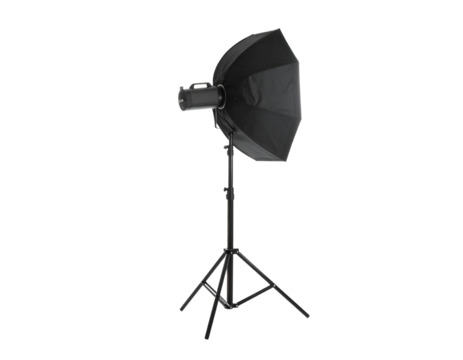 Professional studio lighting equipment featuring a large light modifier on a sturdy stand.