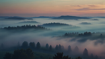 Obraz premium A photorealistic view of a misty valley at dawn, with forests and individual trees shrouded in fog. The soft blue and pink tones create a tranquil predawn atmosphere with reduced visibility.