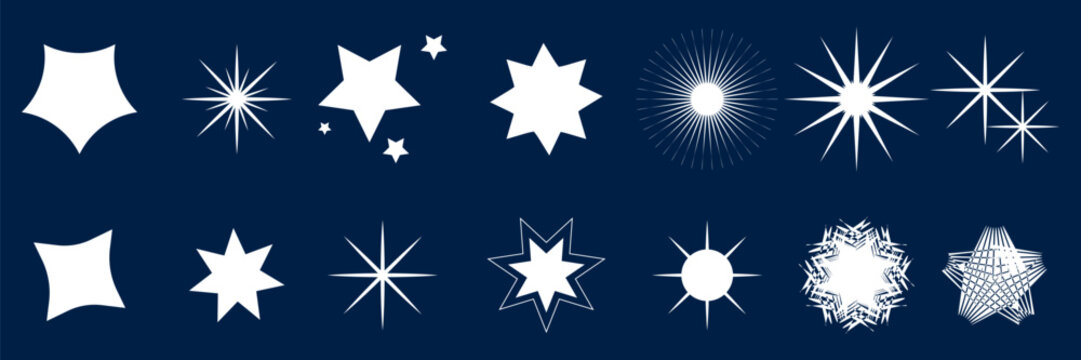 Set of blinking stars, sparks and sparkles. Shining twinkle sunburst shapes collection. Magic light flare pack for design template, poster, banner, brochure, leaflet. Vector glint glitter illustration
