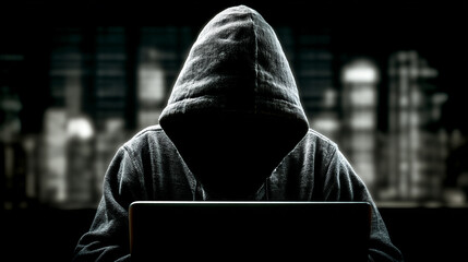 Anonymous figure in a hoodie sits at a laptop screen against a blurred cityscape creating a sense of mystery and digital threat.