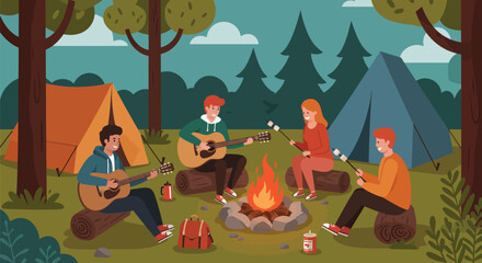 Friends Camping and Playing Music Around a Campfire