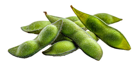 Fresh green edamame pods on a black background, closeup shot showcasing healthy food and vegetarian diet concept