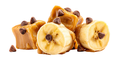 Delicious banana slices with caramel and chocolate chips on a black background Sweet dessert concept for food photography and confectionery