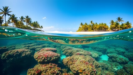 Fototapeta premium Tropical Island with Coral Reef Split View – Exotic Travel Destination and Underwater Marine Ecosystem