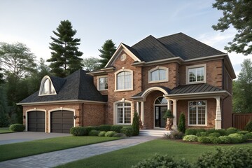 Two-Story Brick House with Arched Entrance and Garage &ndash; Suburban Property with Columns, Lawn, and Trees in Daylight