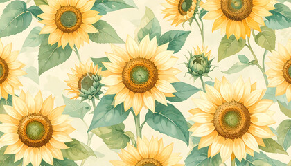 Sunflower pattern with vibrant yellow petals and green leaves, creating cheerful and warm atmosphere. Perfect for various design projects