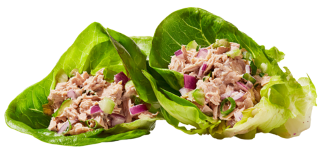 Two fresh tuna salad lettuce wraps with red onion and celery for a healthy lunch or light dinner Concept of diet, low carb, and clean eating