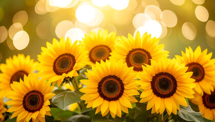 Obraz premium Bright sunflower cluster with soft bokeh highlights creates dreamy background, evoking warmth and joy in nature beauty