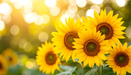 Obraz premium Bright sunflower cluster with soft bokeh highlights creates dreamy background, evoking warmth and joy in nature beauty