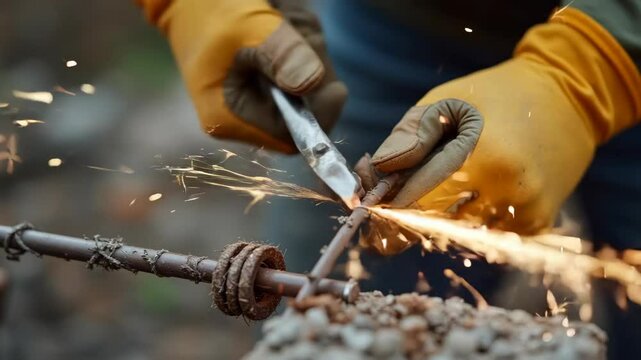 A worker's gloved hands skillfully tying steel rebar with wire, close-up view.
