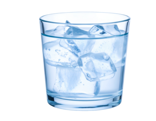Sparkling pure water with several large ice cubes fills a clear glass, inviting a refreshing drink.