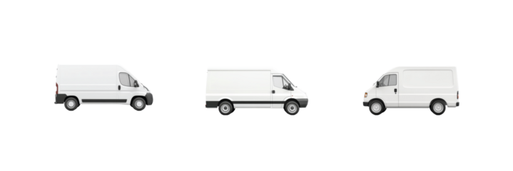 Three white delivery vans displayed in profile view with different designs and wheel styles