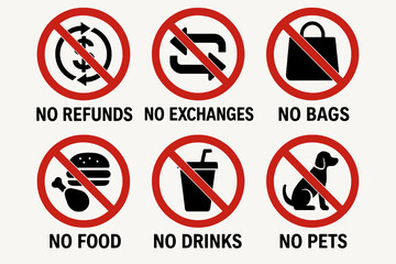 6 retail prohibition signs. Red circle with black icons on white.