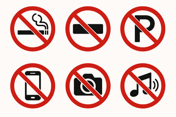 6 prohibition signs with black icons in red circles. Vector for rules and restrictions.