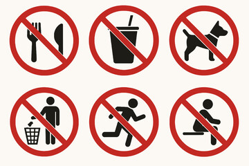 6 prohibition icons for workplaces. Red circle with black pictograms on white.