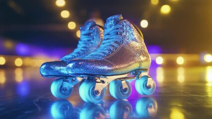 Glittery roller skates on a neon-lit rink floor. - Powered by Adobe