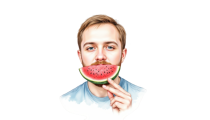 Man with mustache enjoys refreshing watermelon on a hot summer day