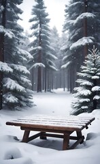 A lonely park bench covered in snow within a frozen winter forest landscape under a blue sky