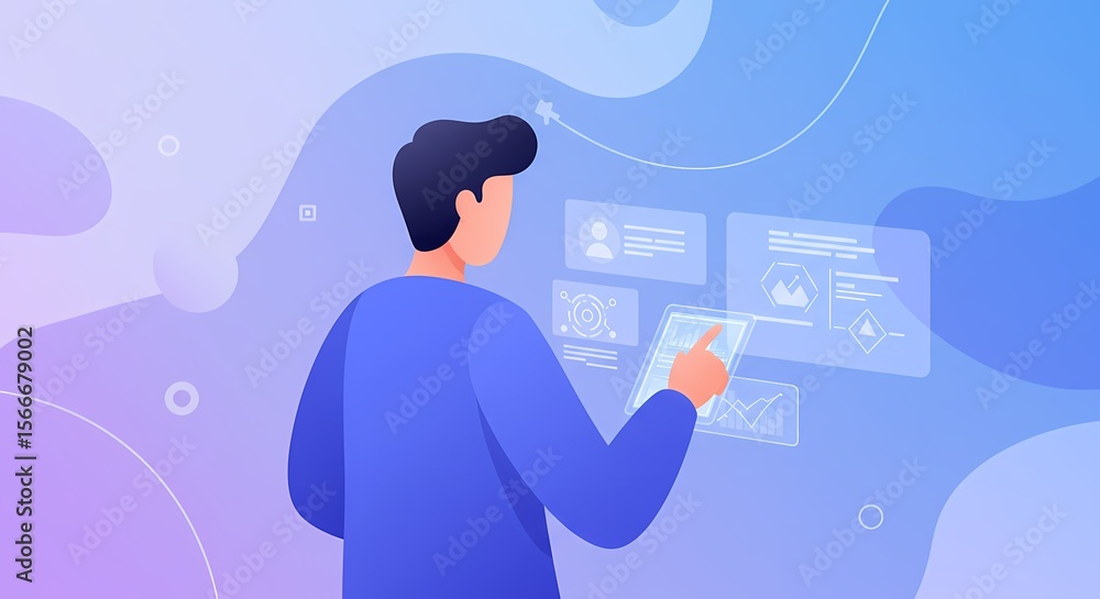 Poster man interacting with digital interface on gradient blue background
