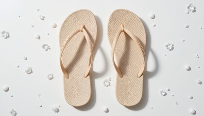 Pair of light beige flip-flops on a white background.