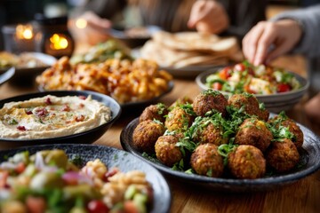 Gathering around a table filled with diverse dishes and appetizers in a cozy restaurant setting
