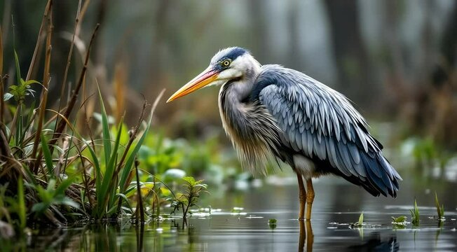Great blue heron standing by the water with its long neck and feathers visible in a natural wildlife setting 4k video footage