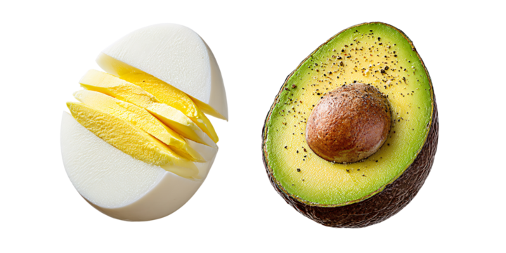 Sliced hard boiled egg and avocado half with pepper on a black background Concept of healthy eating, protein, and nutritious food