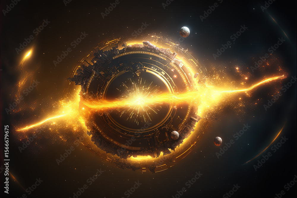 Poster abstract 3d explosion with golden shards and glowing dynamic particles