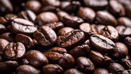 Fototapeta premium Primer plano de granos de café tostado oscuro y brillante que muestran una textura unica. 