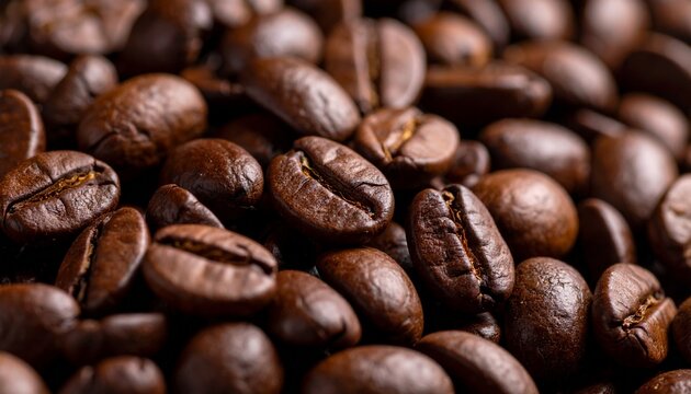 Primer plano de granos de café tostado oscuro y brillante que muestran una textura unica. 