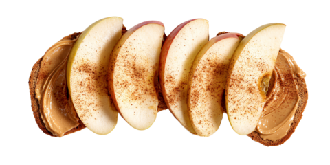 Delicious apple slices and peanut butter on whole wheat toast with cinnamon, a healthy and tasty snack for breakfast or anytime Concept of healthy eating and nutrition
