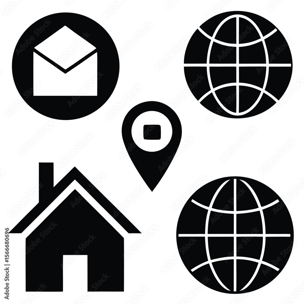 Fototapete a global map pointer icon set for web and internet navigation with business and travel symbols
