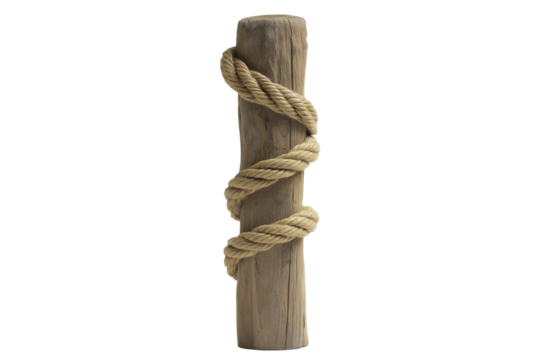 Rustic Wood Pole with Rope Wrap Isolated on Transparent Background