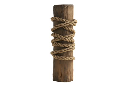 Rustic Wood Pole with Rope Wrap Isolated on Transparent Background