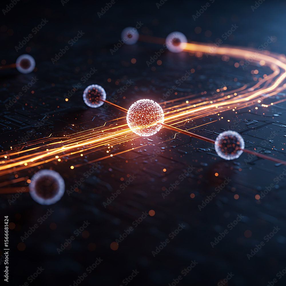 Poster an abstract technology background with glowing orange spheres and light trails moving along a futuri