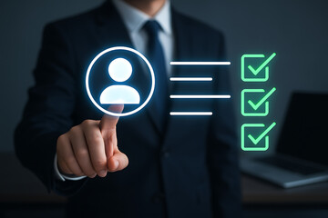 Man pointing at digital identity icon with personal profile and green verified checklist symbolizing secure online verification and authentication