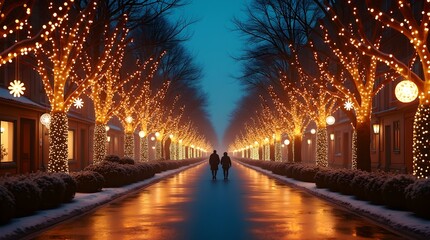 Obraz premium Romantic Winter Walk: Couple Strolling on Illuminated Street with Holiday Lights, Snowy Sidewalks, and Festive Atmosphere, Urban Winter Scene
