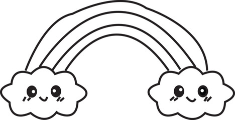 A simple black and white drawing of a rainbow with cute clouds