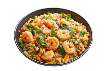 Shrimp Fried Rice with Vegetables and Herbs Isolated on Transparent Background