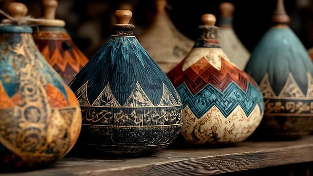 Row of Ornate Decorative Bottles with Blue Brown and Gold Pattern on Rustic Wood Shelf Close Up