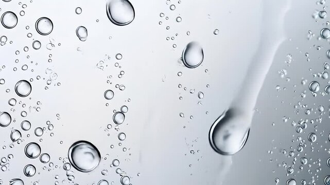 Water droplets on a transparent surface, creating a textured pattern of circles and streaks.  Close-up view of the water beads, showing various sizes and shapes