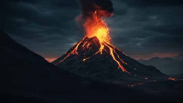 Volcano Eruption at Night: A majestic volcano erupts violently at night, spewing incandescent lava and ash against a dramatic dark sky.
