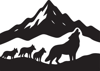 Black Silhouette of Wolves Howling at Mountain Range
