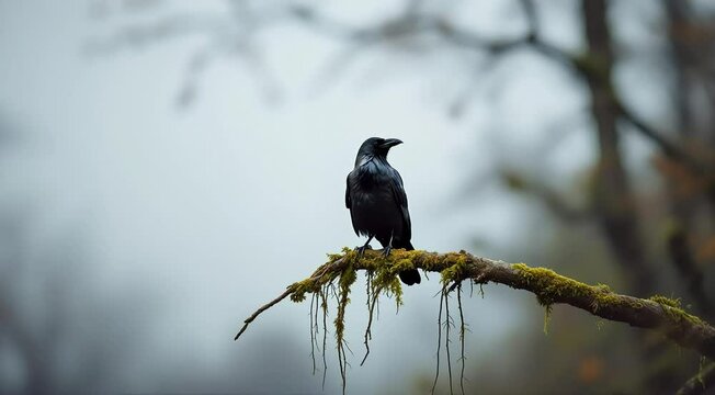 Blackbirds and crows perch on branches, showcasing their dark feathers and wild 4k nature video footage